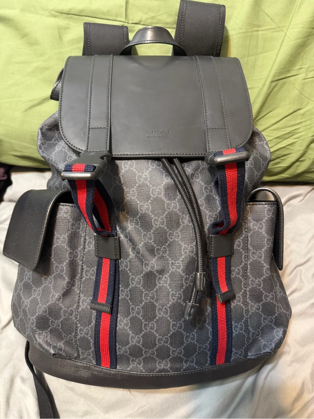 Gucci Gray GG Supreme Canvas Backpack with Red and Blue Web Straps